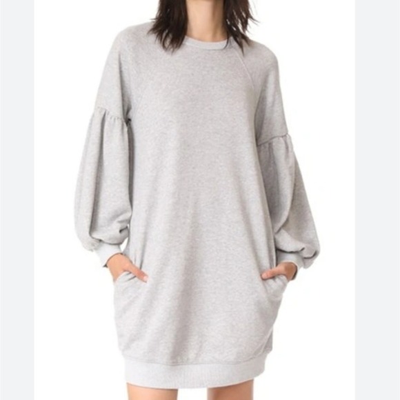 J.O.A Heathered Gray Long Puff Sleeve Sweatshirt Mini Dress - Picture 1 of 12